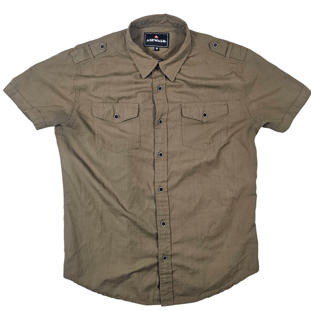 Airwalk Mens Medium Short Sleeve Button Up Shirt Olive Green Utility Epaulets